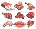 Vector set of cartoon food. Collection of stylized raw meat. Sliced assortment of fresh meat. Pork steaks and tenderloin Royalty Free Stock Photo