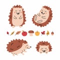 Vector set of cartoon funny brown hedgehogs with apples, mashrooms, autumn leaves.