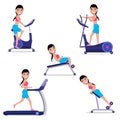 Vector set cartoon girl doing sports on simulator