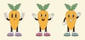 Vector set of cartoon groovy carrot character in trendy 70s style. Funky retro vegetable. Vector illustration