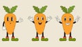 Vector set of cartoon groovy carrot character in trendy 70s style. Funky retro vegetable. Vector illustration