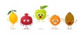 Vector set of cartoon images of cheerful funny fruits on a white background. Emotions, emoji, character