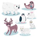 Vector set cartoon isolated cute baby animal characters with funny polar bear, happy walrus with fish and penguin, white Royalty Free Stock Photo