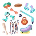 Vector set of cartoon kids sport equipment. Tennis racquets, skiing, state and baseball rasquet in one funny set of