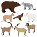 Vector set of cartoon mountain animals. Grizzly bear, mountain goat, markhor, nubian ibex, mouflon, puma, snow leopard, golden Royalty Free Stock Photo