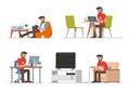 Vector set of cartoon people characters in flat style design. Hipster man playing video games, reading electronic book