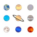 Vector set of cartoon planet icons isolated on white background, space, cosmos, galaxy, hand drawn flat 8 planets.
