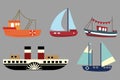 Vector set of cartoon ships. A collection of old steamers. Sailing ships. Toy. Stylized boats. Art for children.