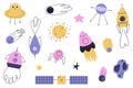 Vector set of cartoon space illustrations. Funny children`s illustrations on the space theme. UFO, rockets, space satellites,