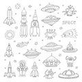 Vector set with cartoon space objects ufo rockets, astronaut, Royalty Free Stock Photo