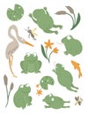 Vector set of cartoon style flat funny frogs in different poses with waterlily, dragonfly