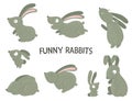 Vector set of cartoon style flat funny rabbits