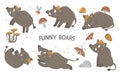 Vector set of cartoon style hand drawn flat funny boars in different poses. Cute illustration of woodland animals for childrenÃ¢â¬â¢s