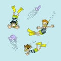 Vector set cartoon swimmers and jellyfishes