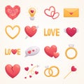 Vector set of cartoon volumetric icons for valentines day. Isolated hearts of different shapes and sizes, love arrow, falling in Royalty Free Stock Photo