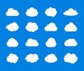 Vector set of cartoon white clouds isolated on sky blue background, icons collection, weather signs.