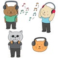 Vector set of cat listening music