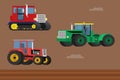 Vector set of caterpillar tractor and wheeled farm tractors. Royalty Free Stock Photo