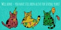 Vector set with cats celebrating birthday. Isolated illustrations of animals. Grumpy kittens at the party. Hand-drawn cute cartoon