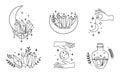 Vector set with celestial set of boho style hand drawn mystic elements. Stars, crystals, hands, esoteric icons, half moon,