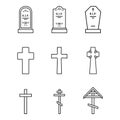 Vector Set of Cemetery Icons. Headstones, Gravestones, Tombstones and Crosses