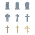 Vector Set of Cemetery Icons. Headstones, Gravestones, Tombstones and Crosses