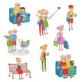 Vector set of characters in a flat style. Cartoon elderly. Grandmothers grandfathers in different situation.