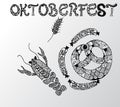 Vector set of characters and icons in a doodling style Oktoberfest. A set of pretzel, sausage and other attributes of