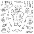 Vector black and white set with chef and objects for cooking Royalty Free Stock Photo