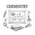 Vector set of Chemistry science theory and bonding formula equation, tool model icon in white isolated background. Doodle Royalty Free Stock Photo