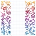 Vector set of child drawing flowers icons in doodle style. Painted, colorful, gradient, on a sheet of checkered paper on a white Royalty Free Stock Photo