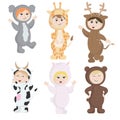 Vector set of children in animal costumes. Cute cartoon kids like bear, lama, koala, cow, girage, deer Royalty Free Stock Photo