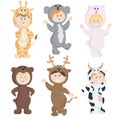 Vector set of children in animal costumes. Cute cartoon kids like bear, lama, koala, cow, girage, deer Royalty Free Stock Photo