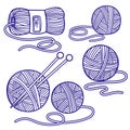 Vector set, for children coloring in a doodle style. Group of Balls of yarn, skein, needles for knitting
