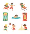 Vector set with children doing summer activities. Kids playing on the beach. Cute girls and boys swimming, playing ball,