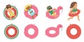 Vector set with children on inflatable rings. Kids floating on the funny rubber circles. Swimming equipment isolated on white