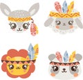 Vector set of children's illustrations. Cute animal faces in Indian headbands. Panda, lion, sheep, deer with