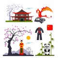 Vector set of China characters with dragon, woman in kimono, panda and chinese house.
