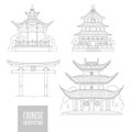 Vector set Chinese architectural landmarks. Oriental architecture black white line art gate pagoda and gazebo different Royalty Free Stock Photo