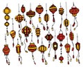 Vector set of Chinese flashlight. a set of isolated elements of a Japanese street lamp with a pattern of red and orange stripes