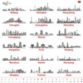 Vector set of chinese largest city skylines in black and white color palette with map and flag of China