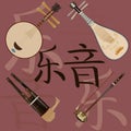 Vector set of chinese musical instruments and music hieroglyphics background Royalty Free Stock Photo