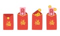 Vector set of Chinese New Year red envelope clipart. Simple red envelope with paper Lucky Money and coins flat illustration