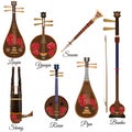 Vector set of chinese string and wind musical instruments, flat style.