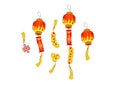 Vector set with Chinese traditional paper lanterns, lucky coins, lucky knots in Chinese style. Isolated illustrations