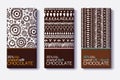 Vector Set Of Chocolate Bar Package Designs With Modern Brown Tribal Ikat Patterns. Border frame. Editable Packaging