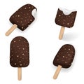 Vector set with chocolate popsicle with nuts on stick in different poze whole and bitten Isolated on white background Royalty Free Stock Photo