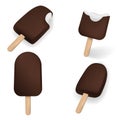 Vector set with chocolate popsicle on stick in different poze whole and bitten Isolated on white background Royalty Free Stock Photo