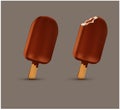 Vector set with chocolate popsicle on stick whole and bitten wi Royalty Free Stock Photo