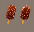 Vector set with chocolate popsicle on stick whole and bitten wi Royalty Free Stock Photo
